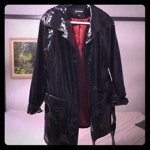 Shiny Belted Black Coat with Red Lining